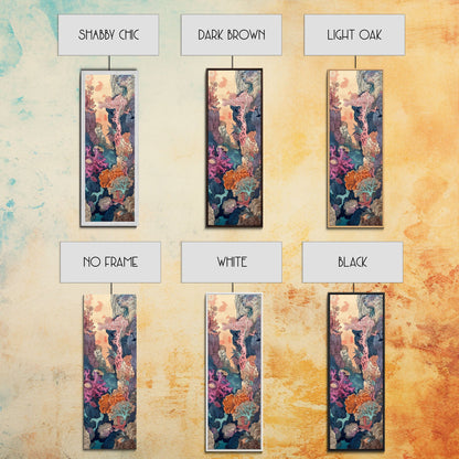 Framed Canvas Print Of A Coral Reef Scene Filled With Vibrant Marine Life, Skinny Art, Tall Art, Japanese Style Art, Ukiyo-e Art, Wood Block Print