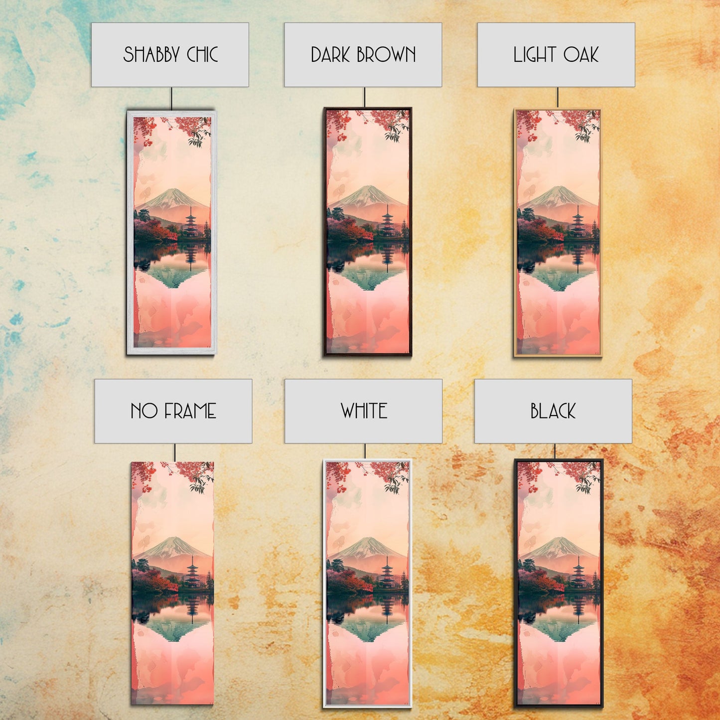 Skinny Art Tall Art Framed Canvas Print Japanese Style Art Mount Fuji Lake Reflection Red Maple Wood Block Print Ukiyo-e Feng Shui Wall Art