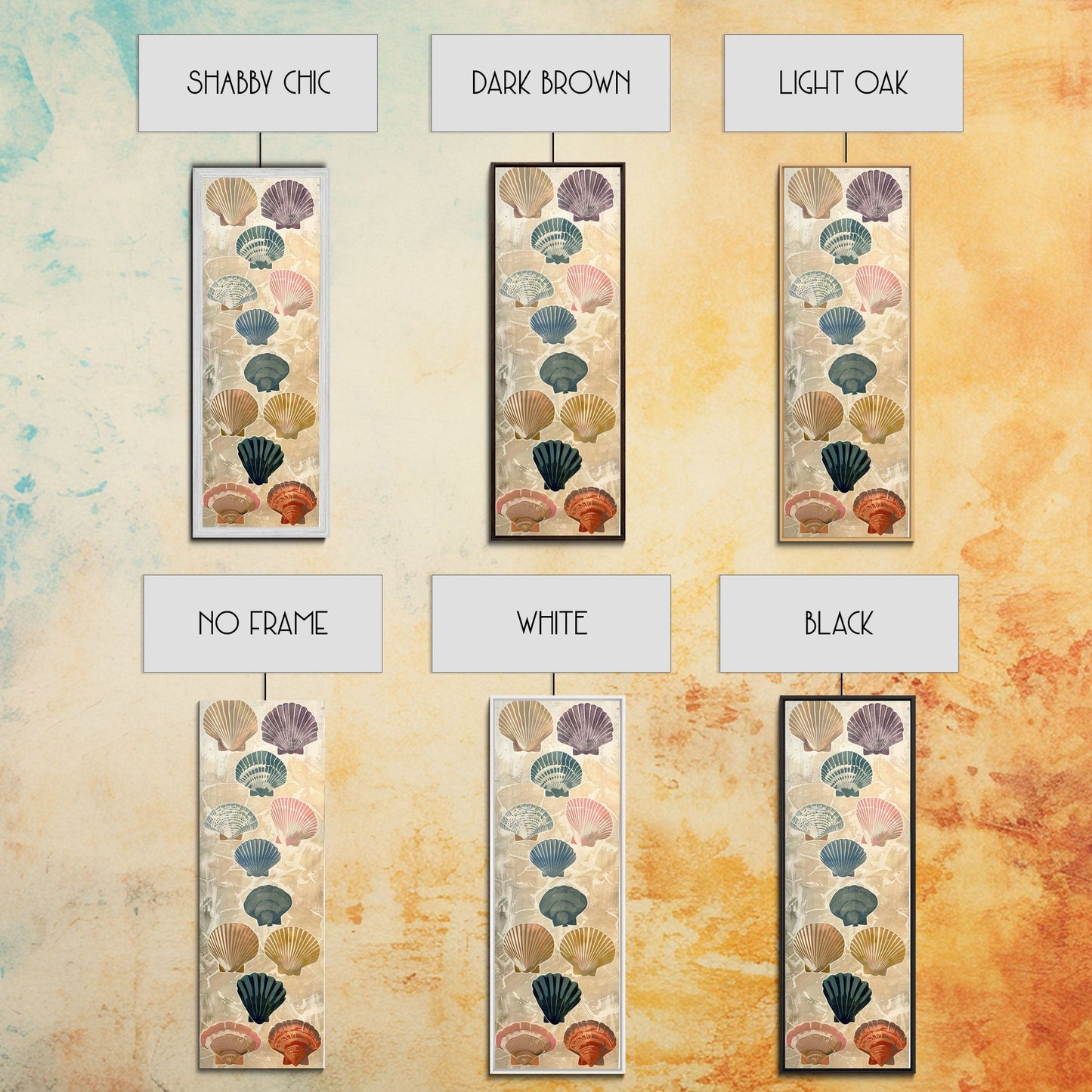 Colorful Shells On Textured Background Skinny Art Wood Block Print Japanese Style Art Framed Canvas Print Tall Art Ukiyo-e Art