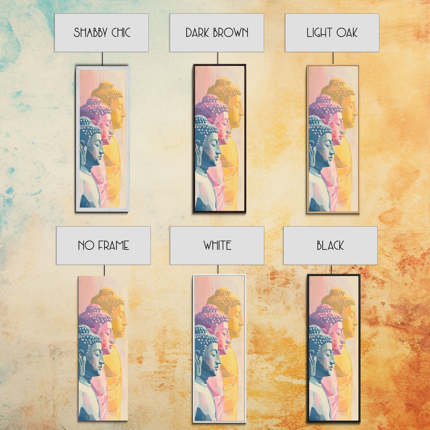 Colorful Buddha Statues Skinny Art Wood Block Print Japanese Style Art Framed Canvas Print Tall Art Ukiyo-e Art