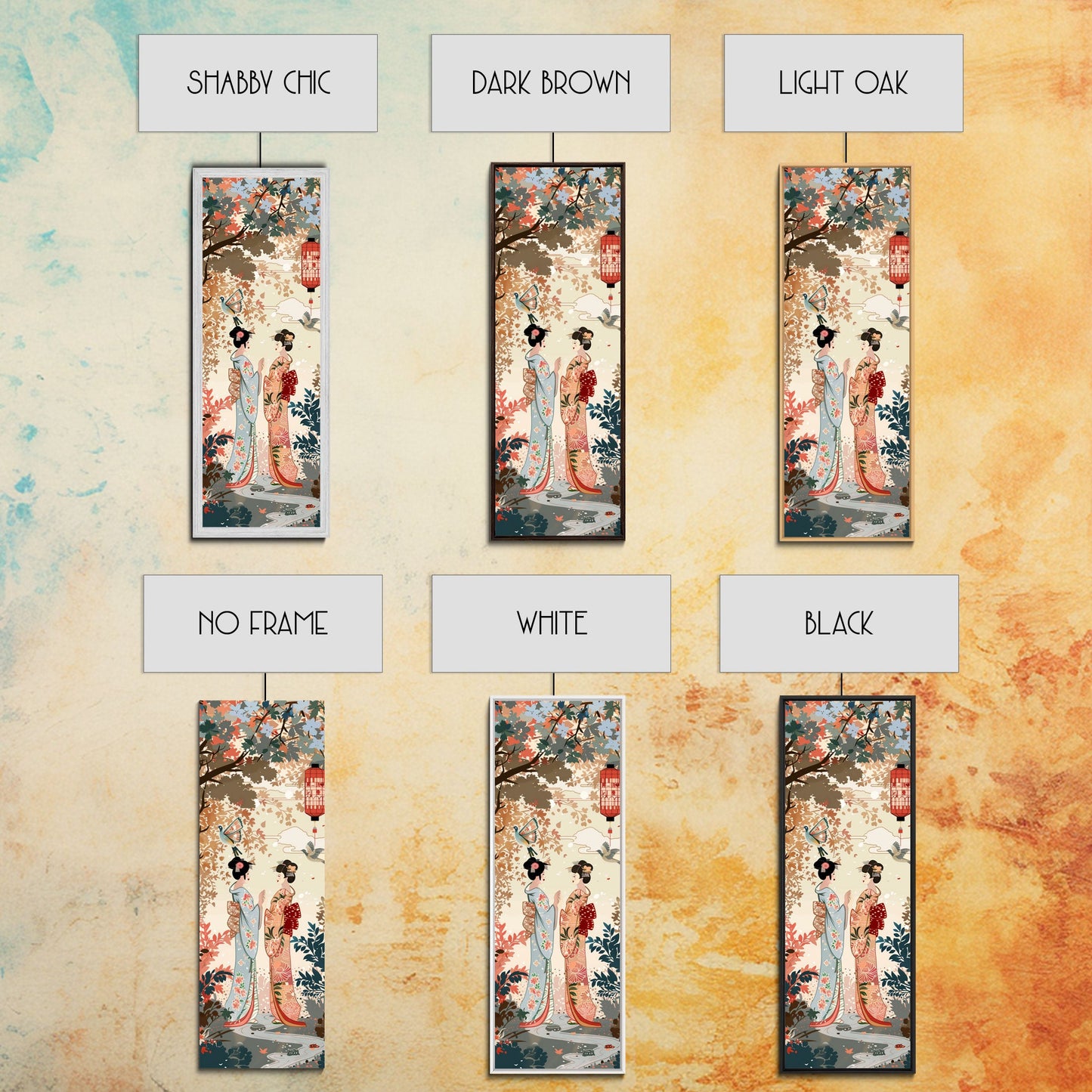 Traditional Geishas Skinny Art Tall Art Japanese Ukiyo-e Inspired Framed Canvas Print for Elegant Home and Office Decor