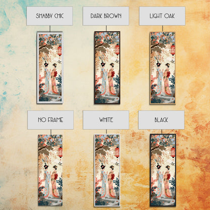 Traditional Geishas Skinny Art Tall Art Japanese Ukiyo-e Inspired Framed Canvas Print for Elegant Home and Office Decor