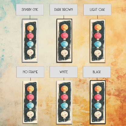 Colorful Lanterns Hanging in a Vertical Row with Abstract Background - Skinny Art, Japanese Wall Decor, Framed Canvas Print, Ukiyo-e Style