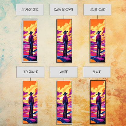 Colorful Sunset Cowboy Art Framed Canvas Print, Southwest Wall Art, Moody Art, Whimsical Art, Pink Orange Wall Art, Tall Narrow Art