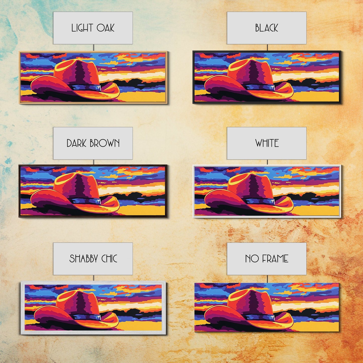 Western Sunset Art, cowboy hat painting, rustic wall art, southwest wall art, extra wide art, framed canvas print, panoramic painting
