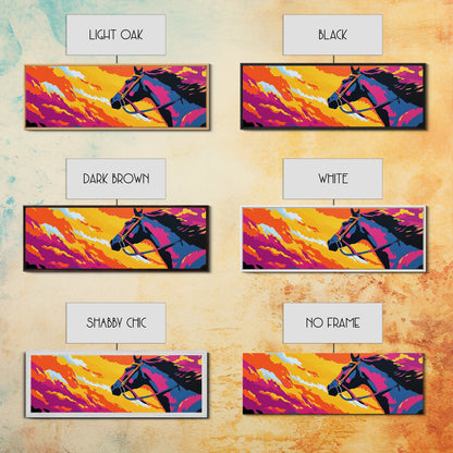 Horse silhouette, sunset, pink orange wall art, colorful equestrian, western art, extra wide art, framed canvas print, panoramic painting
