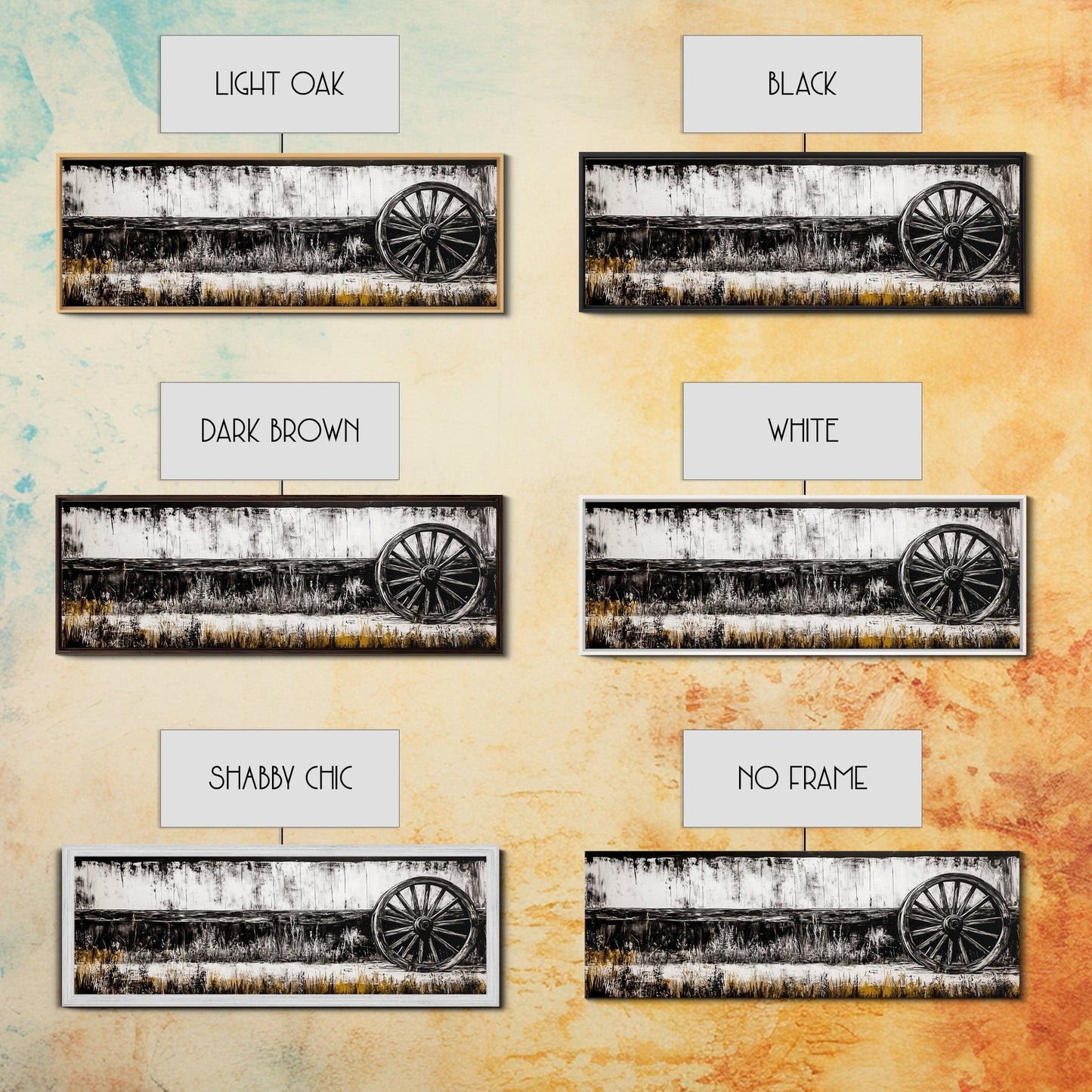 Wagon Wheel, barn landscape oil painting, black and white art, rustic decor, farmhouse art, extra wide art, Framed Canvas Print, moody art