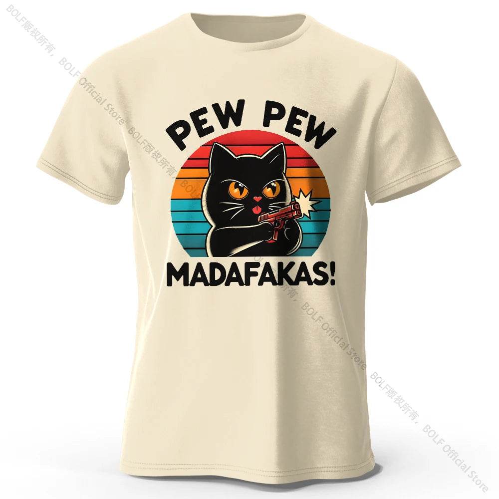 Cute Cat Doodle Print Cotton T-Shirt for All Seasons