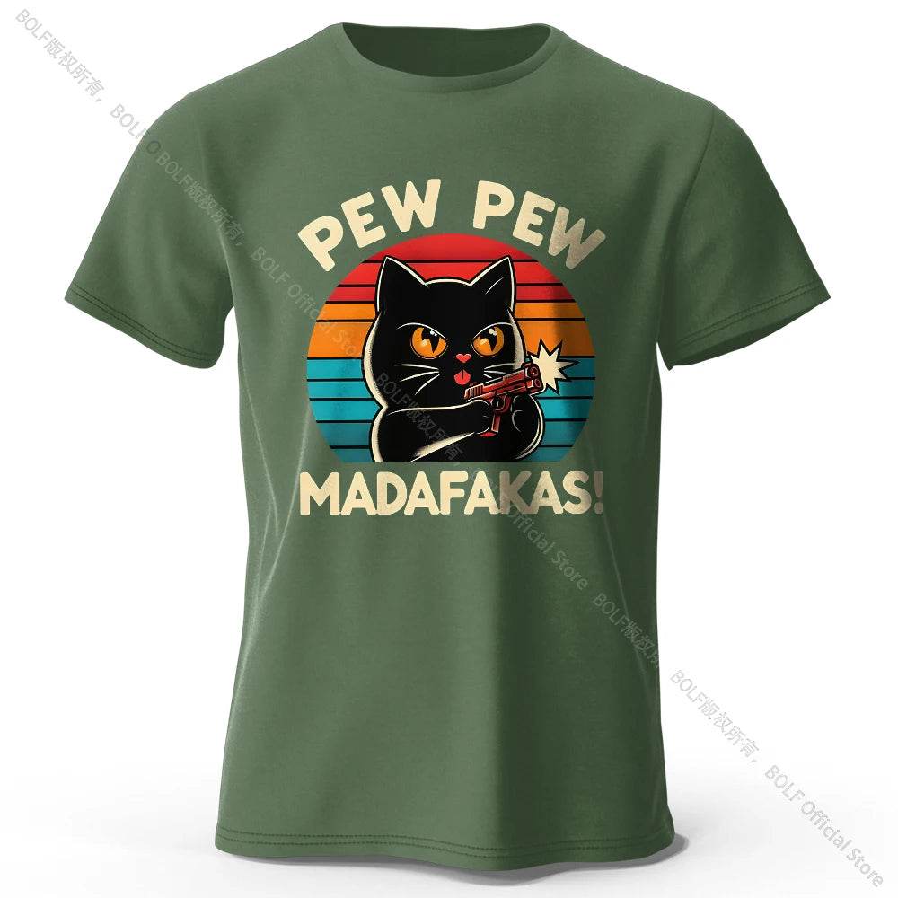 Cute Cat Doodle Print Cotton T-Shirt for All Seasons