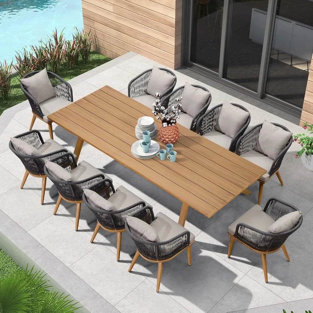 11 Pieces Patio Dining Set with Teak-Finish Aluminum Frame