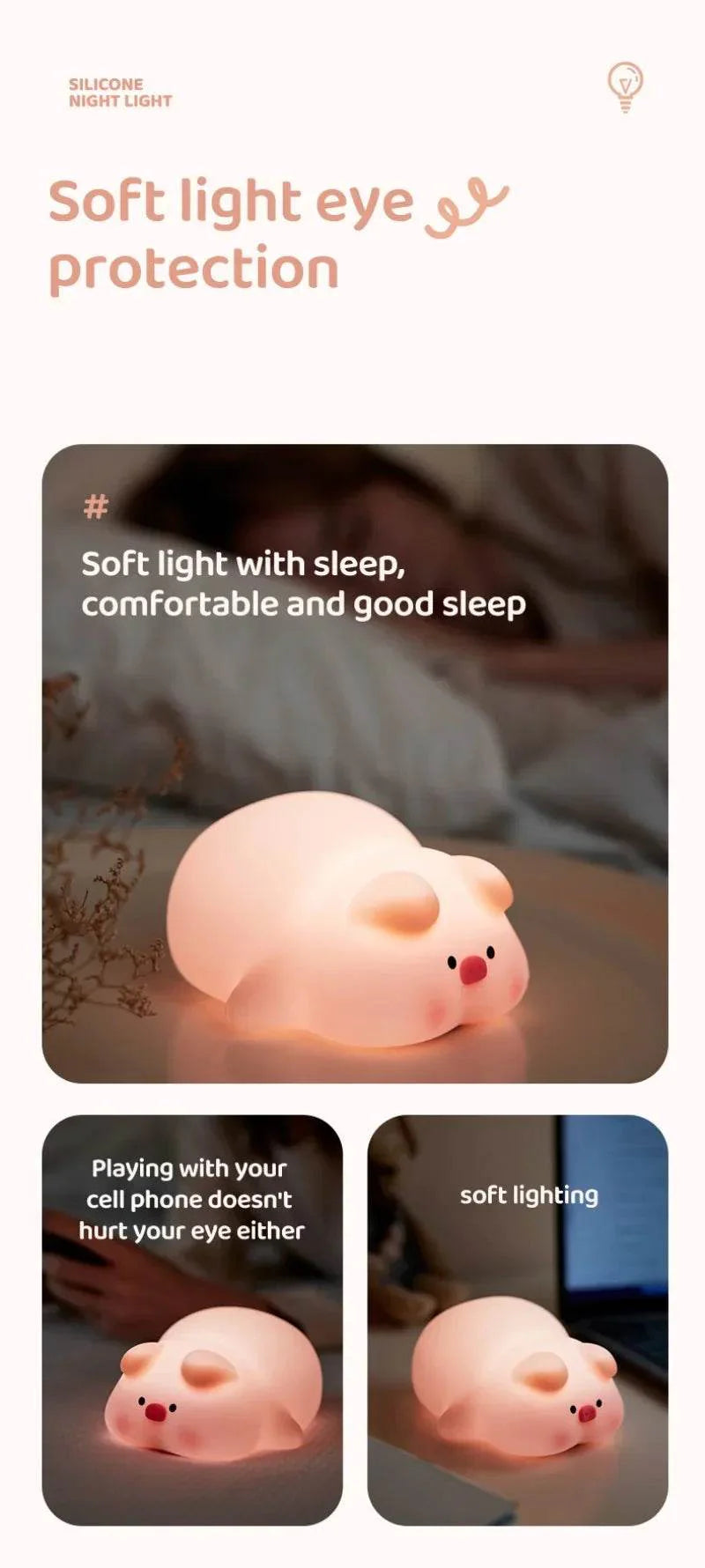 Cute Pink Piggy Night Light USB Rechargeable LED Lamp