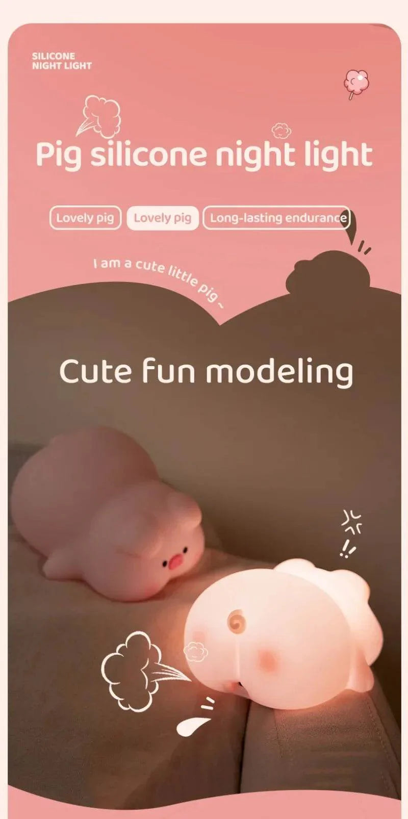 Cute Pink Piggy Night Light USB Rechargeable LED Lamp