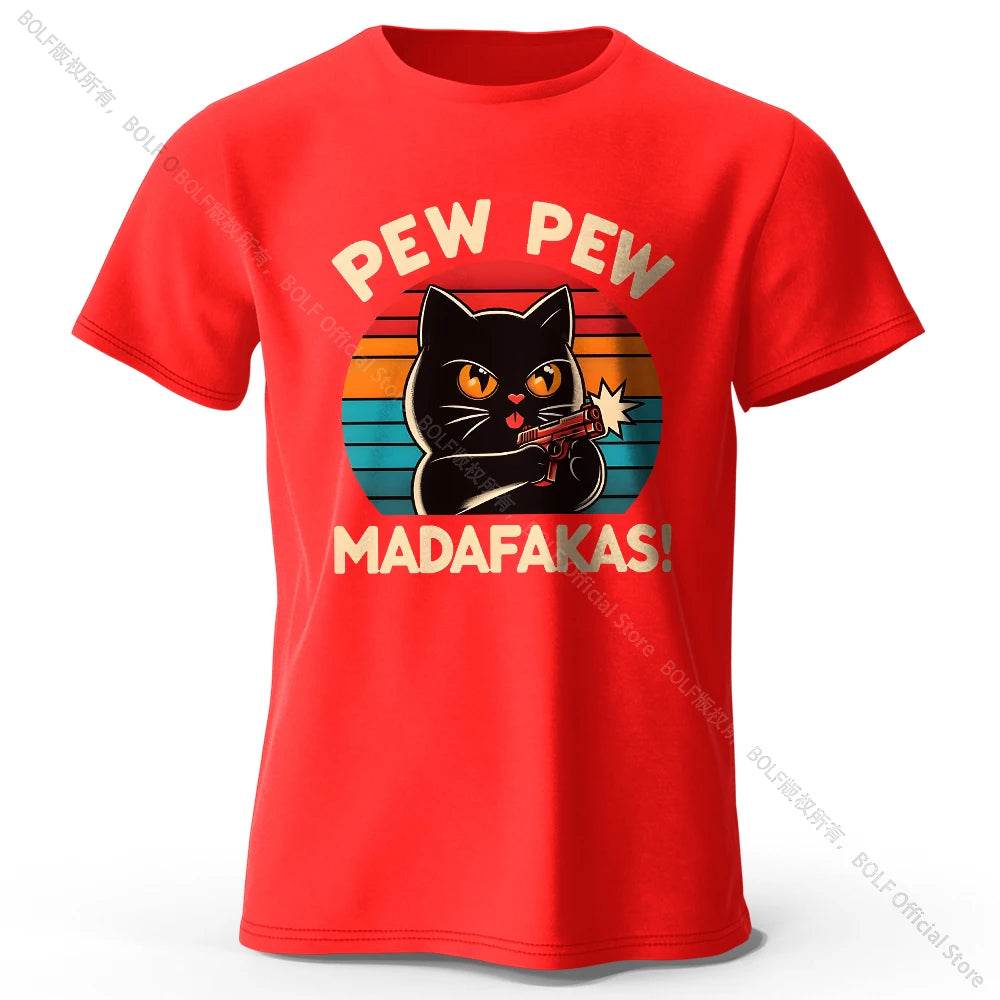 Cute Cat Doodle Print Cotton T-Shirt for All Seasons