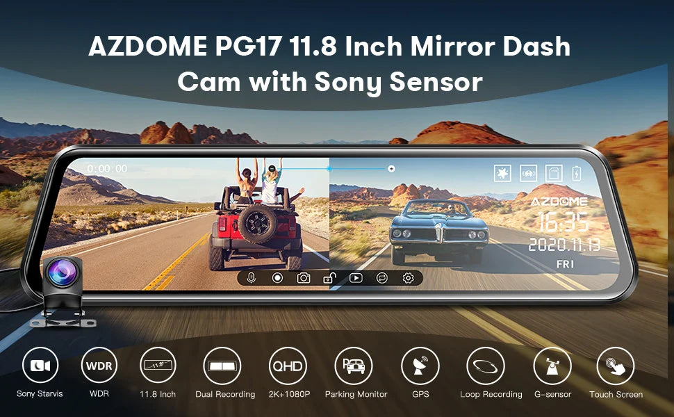 AZDOME PG17 12" WiFi Mirror Dash Cam 4K Dual Camera