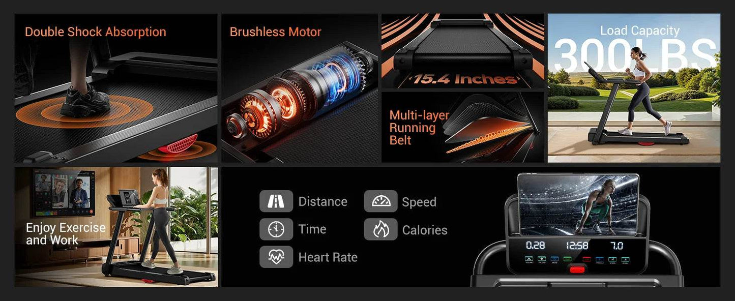 3.0HP Brushless Foldable Home Treadmill with 300LB Capacity