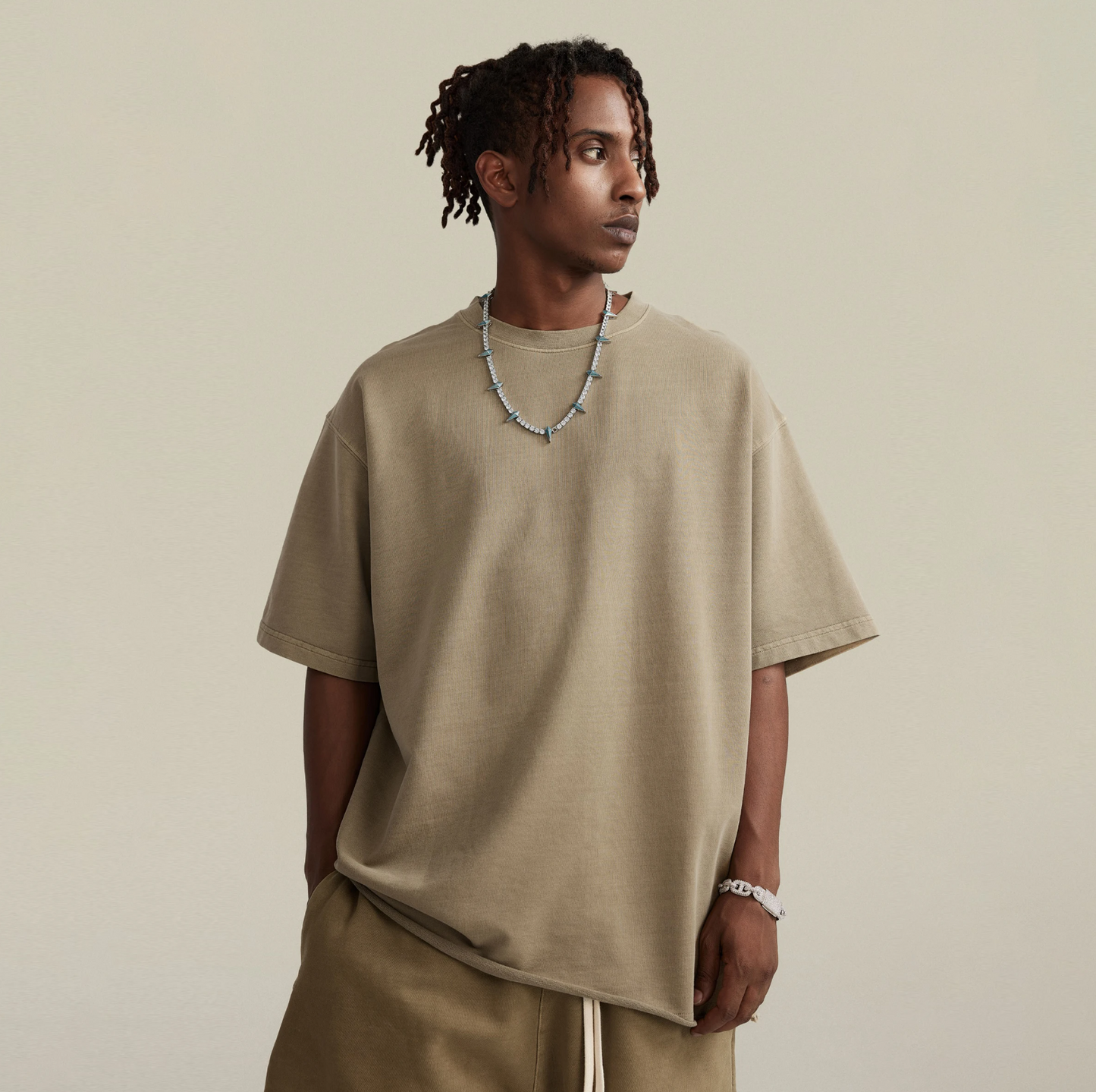 Raw Hem Oversized T-shirt [Khaki]