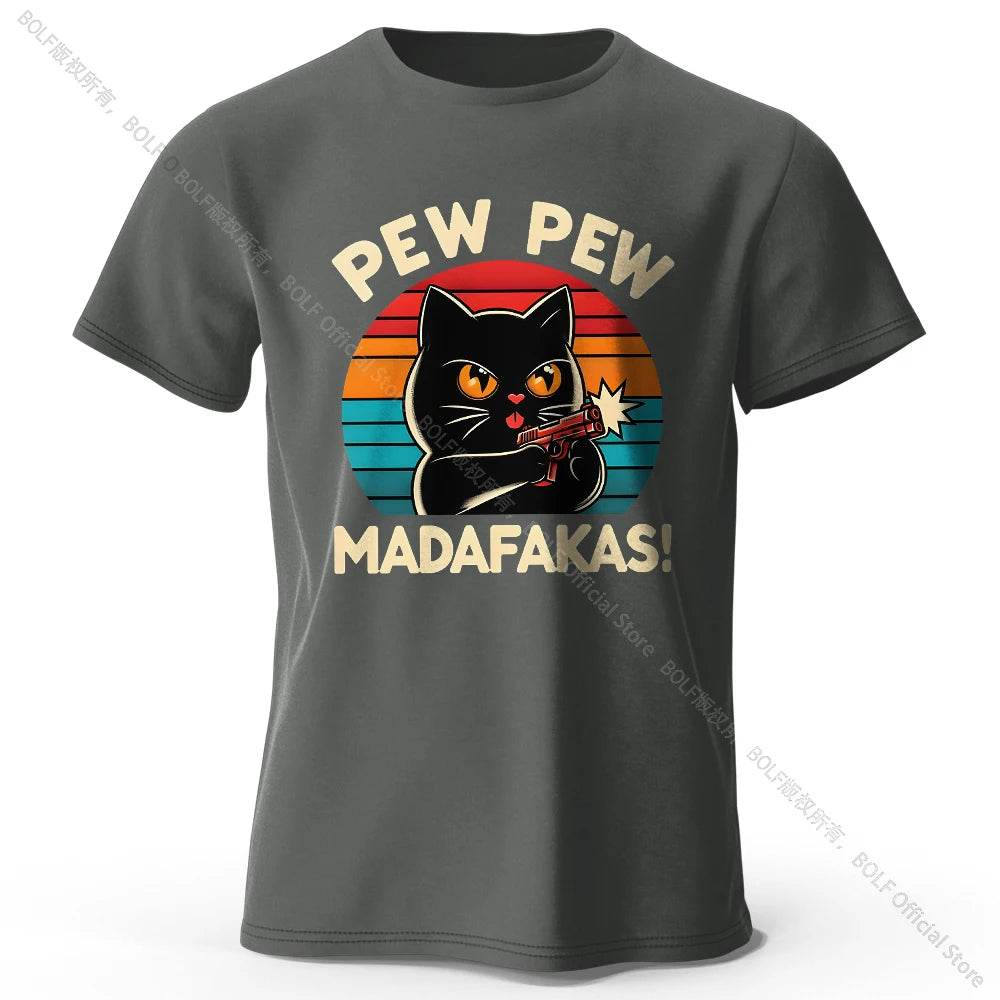 Cute Cat Doodle Print Cotton T-Shirt for All Seasons