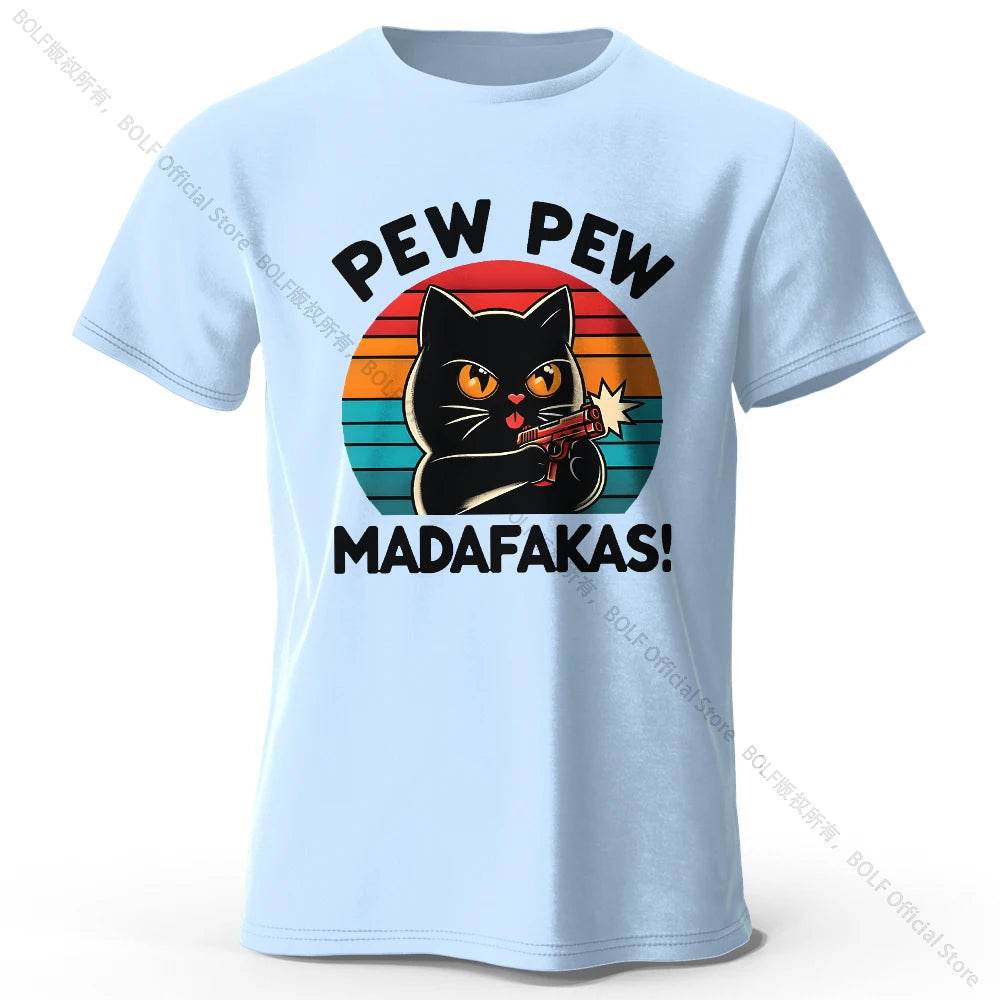 Cute Cat Doodle Print Cotton T-Shirt for All Seasons