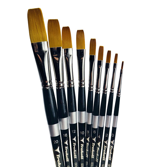 Trekell Golden Taklon Short Handle Artist Brush -  Complete Brush Set - Flat