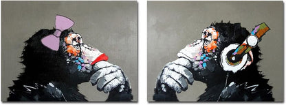 Large  Monkey with Headphones - Hand-Painted Oil Painting for Living Room - Ready to Hang (24x32Inx2)