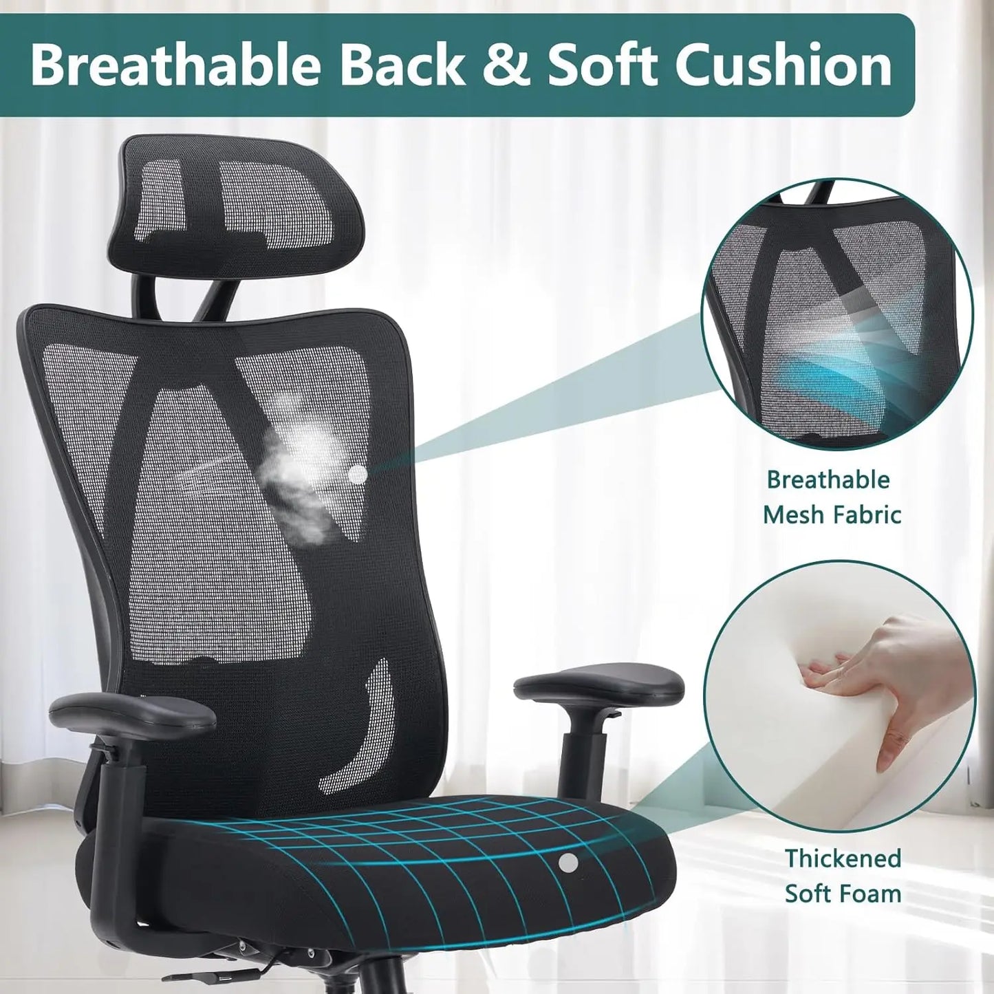 Home Office Desk Chair, Ergonomic Rolling Work Swivel High Ba 135°Tilt Function Big and Tall Computer with Wheels, 2D Armrest