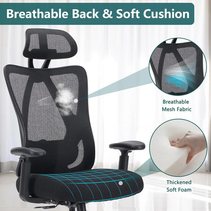 Home Office Desk Chair, Ergonomic Rolling Work Swivel High Ba 135°Tilt Function Big and Tall Computer with Wheels, 2D Armrest