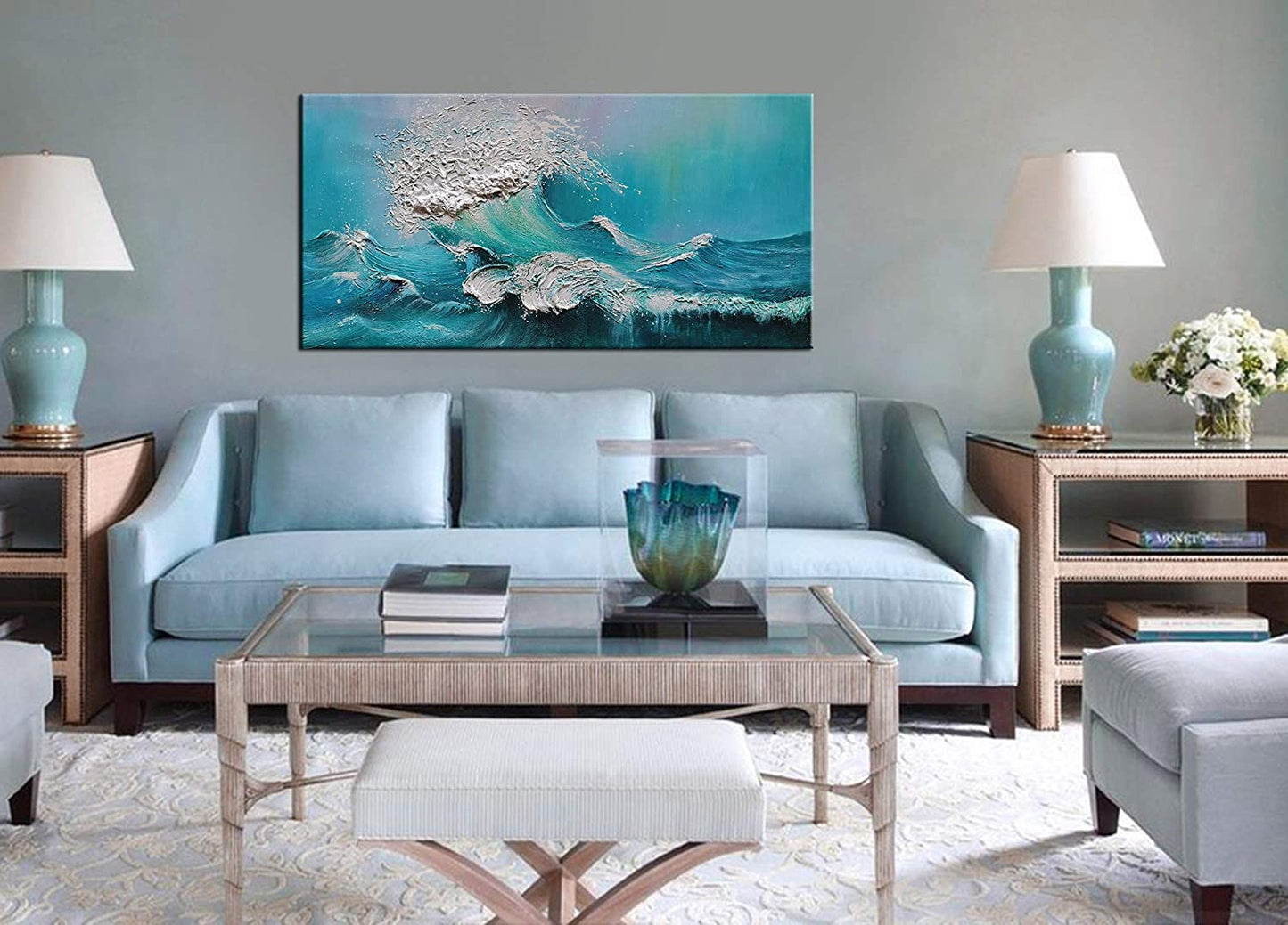 Stunning 24x48 Inch Hand-Painted Abstract Blue Ocean Oil Painting - Modern Canvas Wall Art for Luxurious Home Decor