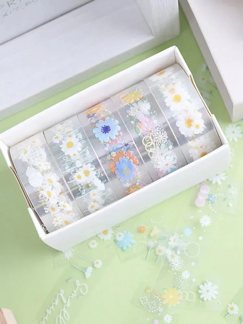 5 Rolls Transparent Decorative Tape PET Waterproof Self-Adhesive Flower Daisy Pattern Decorative Masking Sticker Clear Tape