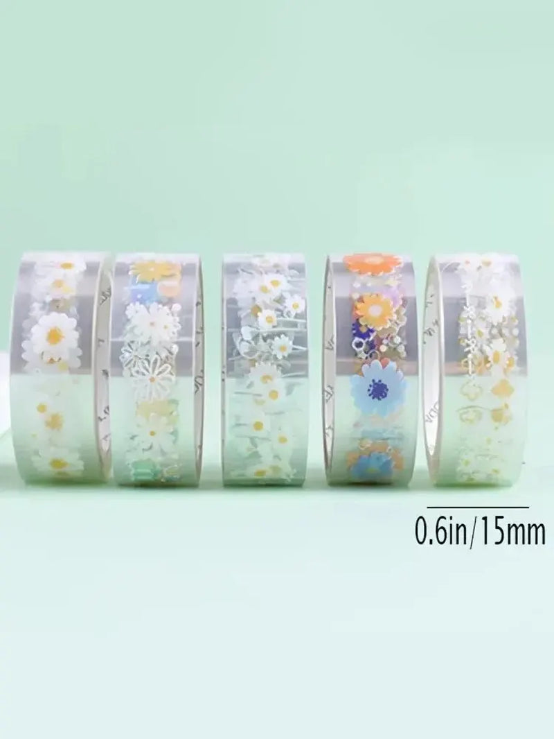 5 Rolls Transparent Decorative Tape PET Waterproof Self-Adhesive Flower Daisy Pattern Decorative Masking Sticker Clear Tape