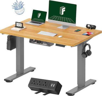 EN2 Height Adjustable Electric Standing Desk - 48"x30" with Clamp Power Strip & Cable Management (Gray Frame + Mahogany Top)