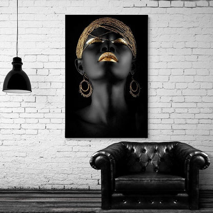 Stunning Black and Gold African Woman Canvas Art - Modern Home Decor (12"x18" Gallery Wrapped)