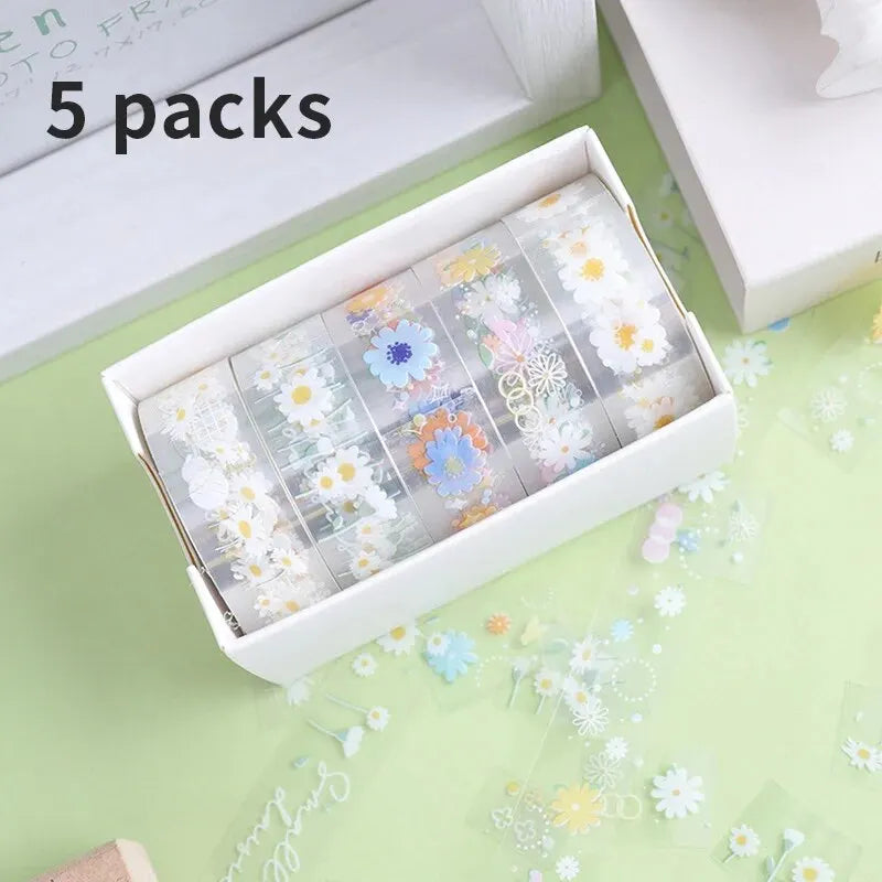 5 Rolls Transparent Decorative Tape PET Waterproof Self-Adhesive Flower Daisy Pattern Decorative Masking Sticker Clear Tape