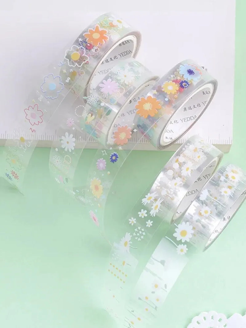 5 Rolls Transparent Decorative Tape PET Waterproof Self-Adhesive Flower Daisy Pattern Decorative Masking Sticker Clear Tape