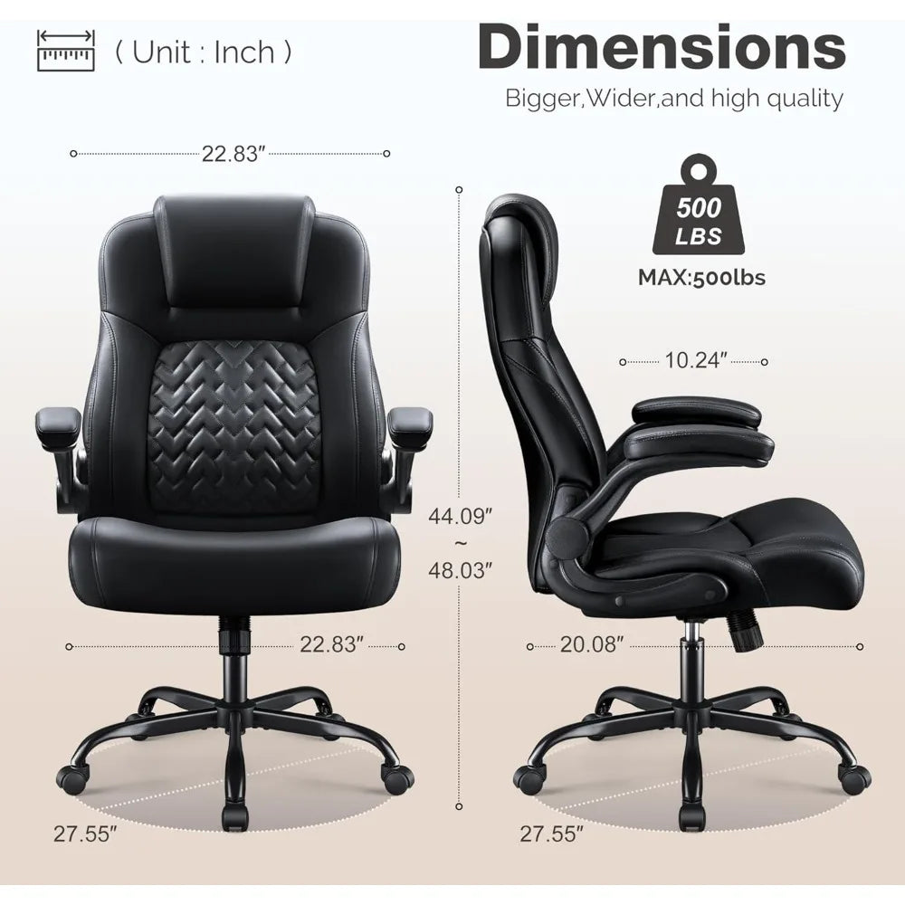 High Back Office Chair, Ergonomic Big and Tall Desk Chair, Adjustable Flip up Armrest Executive Chair Made of PU Leathe