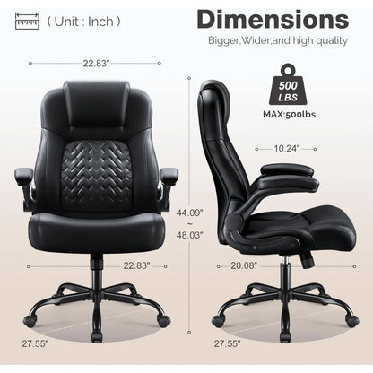 High Back Office Chair, Ergonomic Big and Tall Desk Chair, Adjustable Flip up Armrest Executive Chair Made of PU Leathe