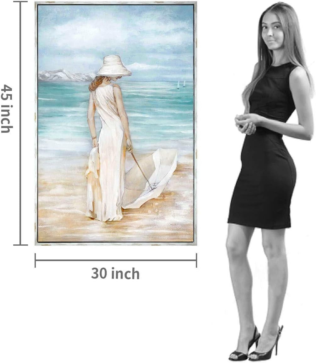 Modern Coastal Beach Canvas Art - Hand-Painted Ocean Scene with Women & Umbrella - Framed Wall Décor for Bedroom (45” x 30”)