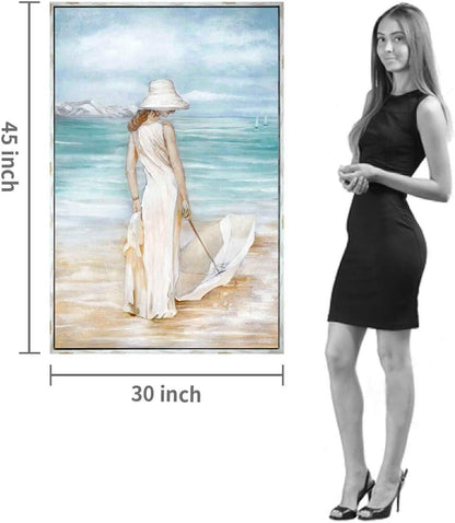 Modern Coastal Beach Canvas Art - Hand-Painted Ocean Scene with Women & Umbrella - Framed Wall Décor for Bedroom (45” x 30”)