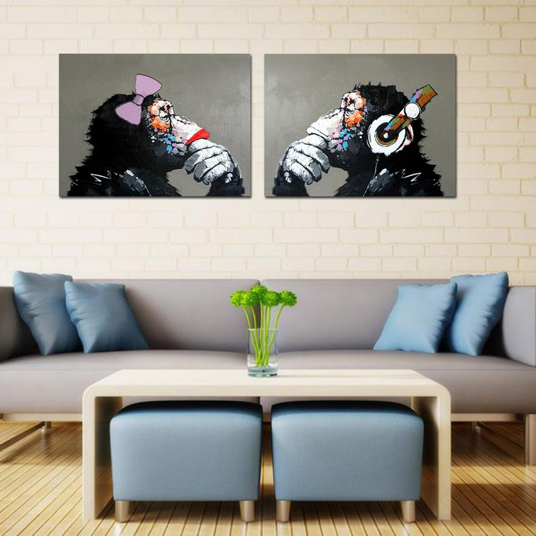 Large  Monkey with Headphones - Hand-Painted Oil Painting for Living Room - Ready to Hang (24x32Inx2)