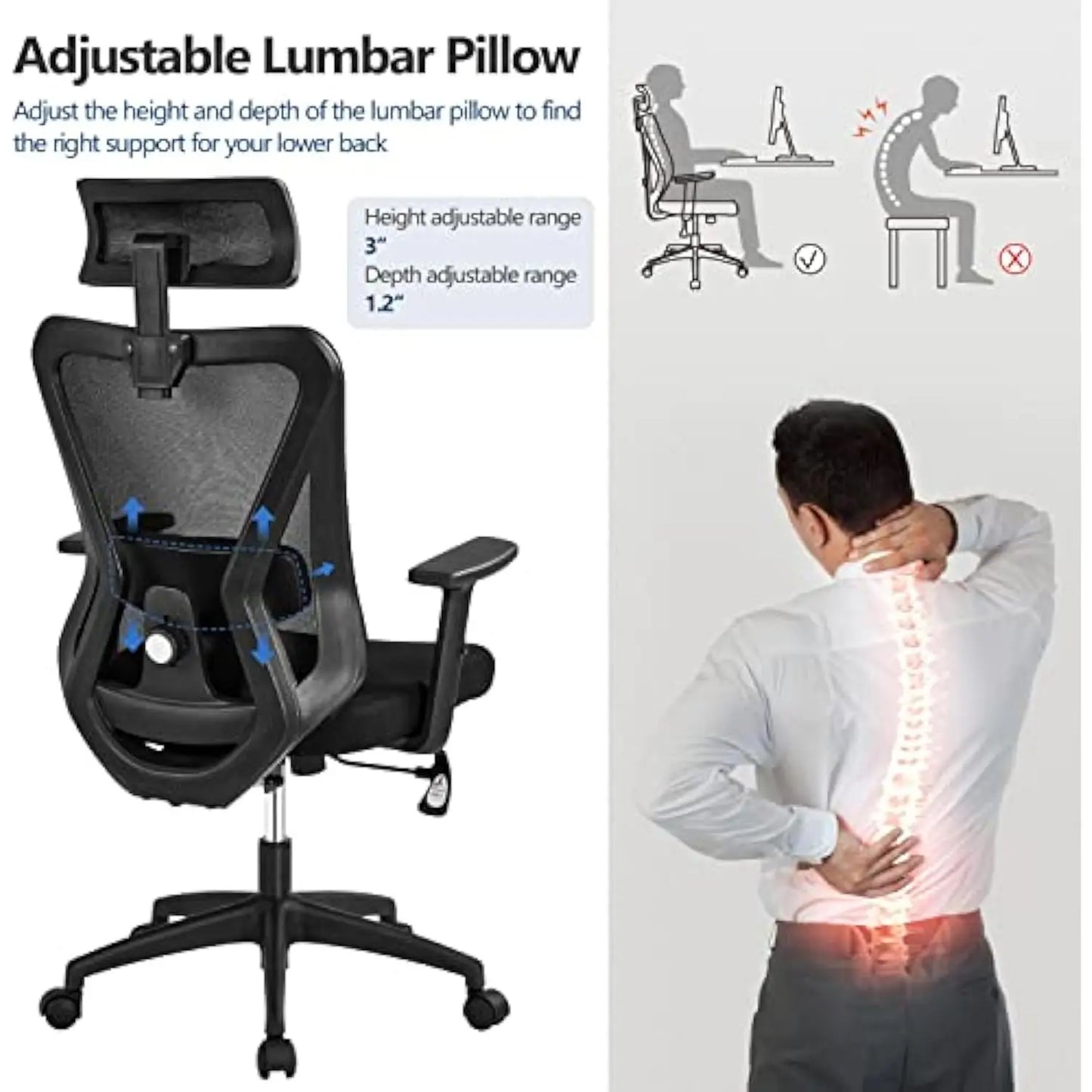 Ergonomic Office Chair High Back Mesh Computer Chair with Adjustable Headrest and Lumbar Support and 2D Armrest for Home Offic