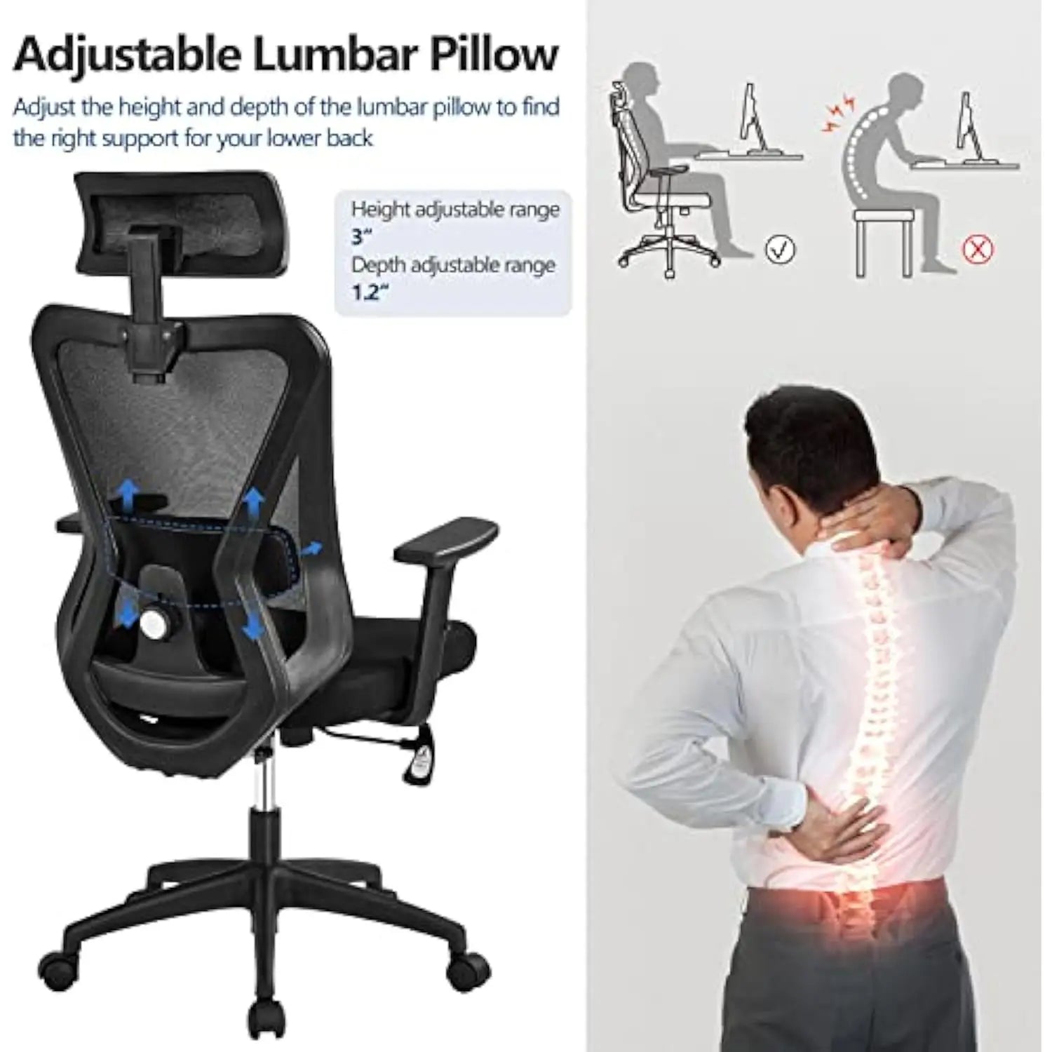 Ergonomic Office Chair High Back Mesh Computer Chair with Adjustable Headrest and Lumbar Support and 2D Armrest for Home Offic