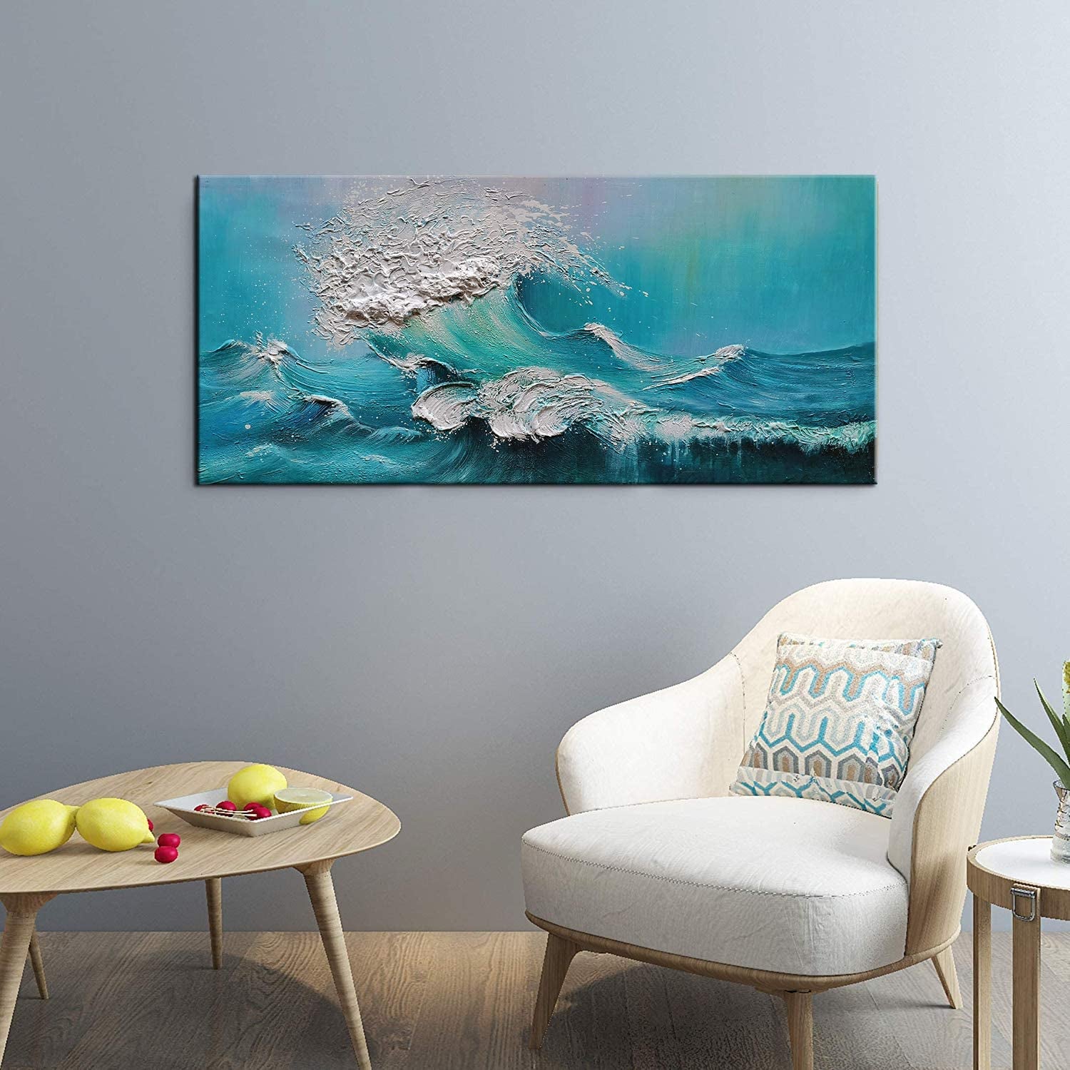 Stunning 24x48 Inch Hand-Painted Abstract Blue Ocean Oil Painting - Modern Canvas Wall Art for Luxurious Home Decor