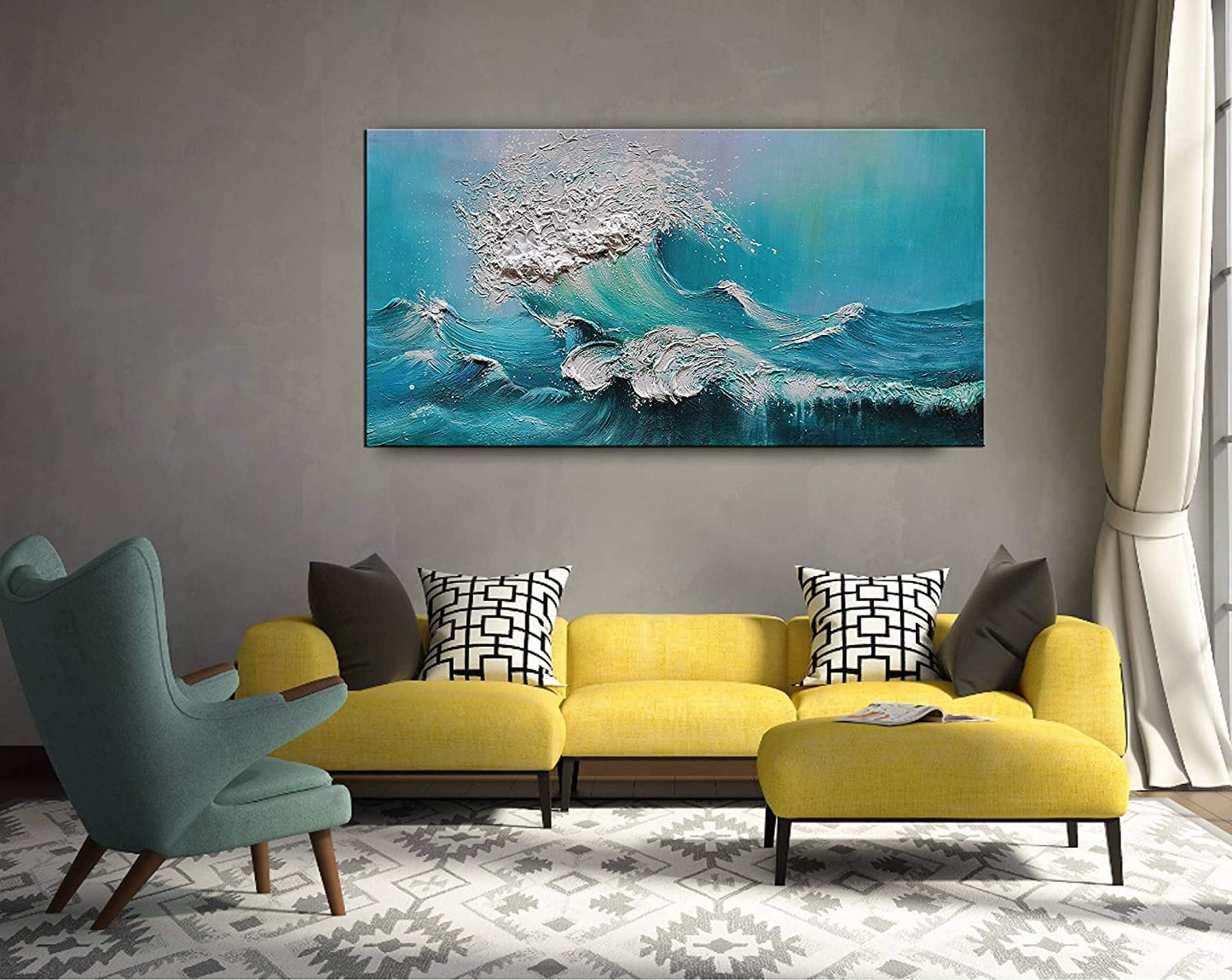 Stunning 24x48 Inch Hand-Painted Abstract Blue Ocean Oil Painting - Modern Canvas Wall Art for Luxurious Home Decor