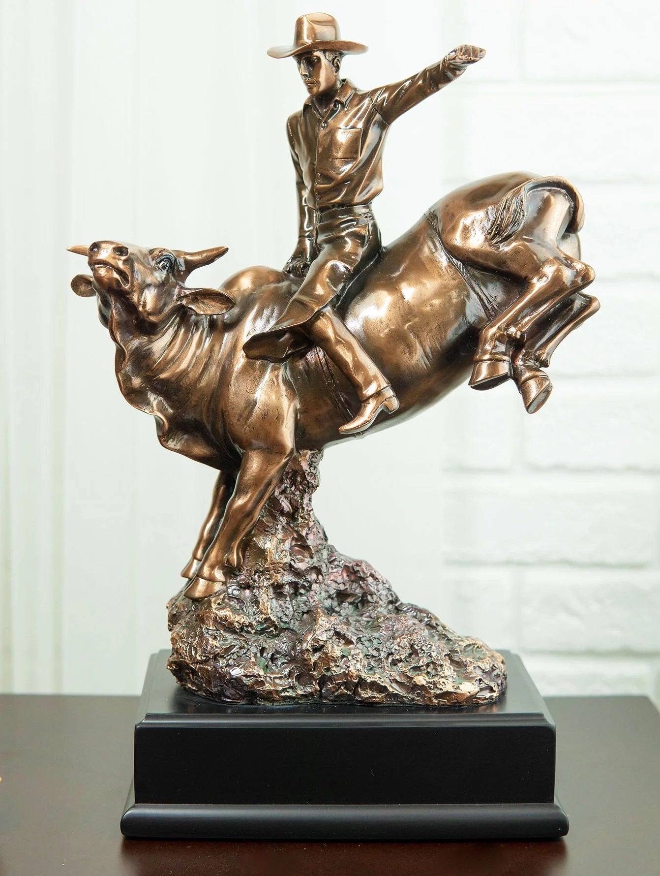 Wild Western Rodeo Cowboy with Bucking Bull Bronze Electroplated Statue