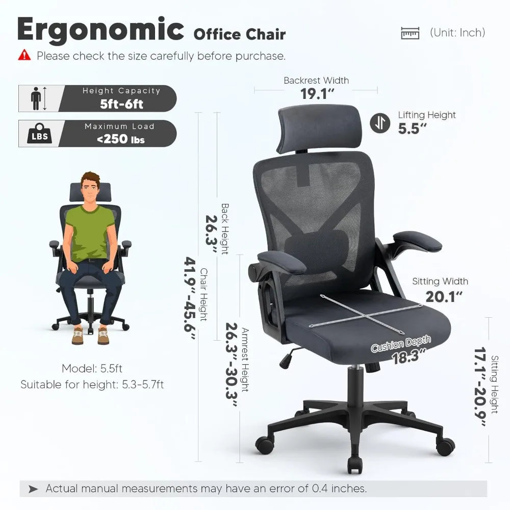 Tall Desk Chairs with Wheels and Flip-Up Armrests for Home Office Desk Gamer Chair Dark Grey Computer Armchair Gaming Ergonomic