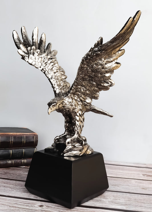 Electroplated Pewter Silver Bald Eagle with Open Wings Landing on Rock Statue